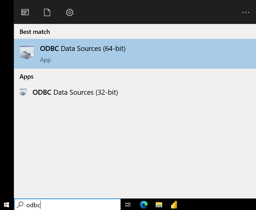 Поиск в Windows с отображением пункта ODBC Data Sources (64-bit)